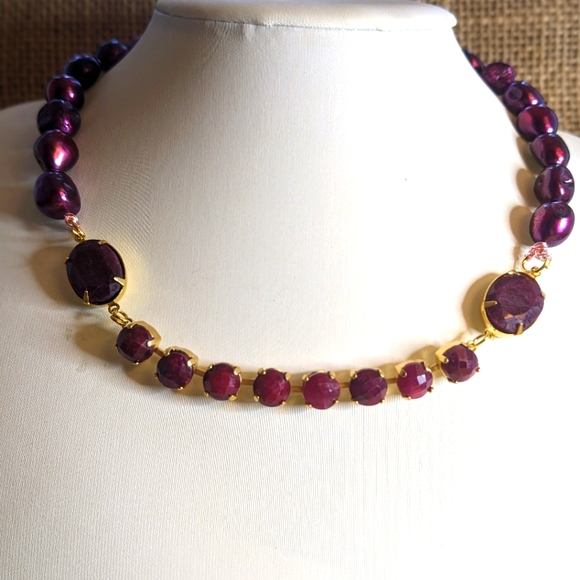 Natural Faceted Rough Ruby Approx 24 TCW. & Wine Cultured Baroque Pearl Necklace - Picture 2 of 12